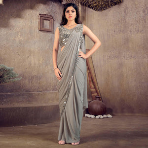 Grey Sequins Embroidered Stitched Art Silk Ready to Wear Saree