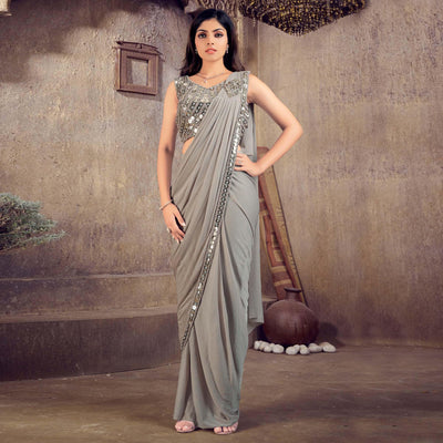 Grey Sequins Embroidered Stitched Art Silk Ready to Wear Saree
