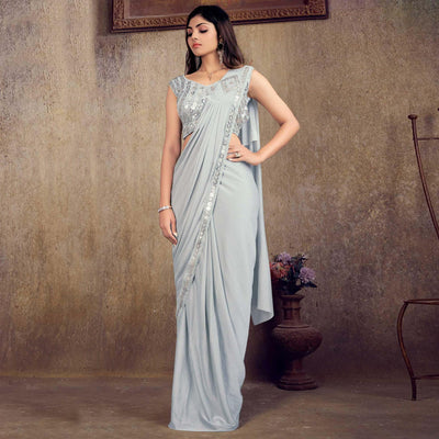 Grey Sequins Embroidered Stitched Art Silk Ready to Wear Saree