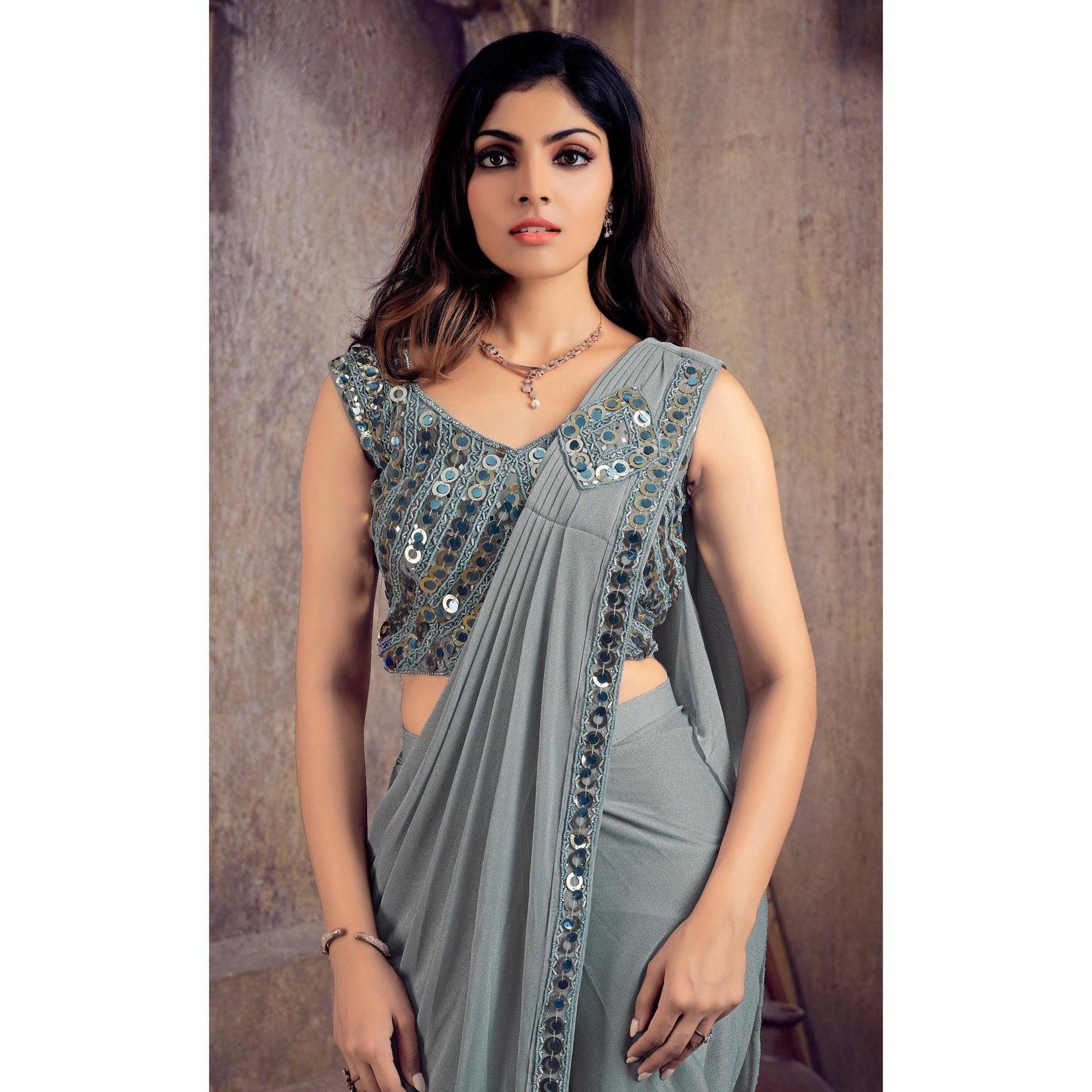 Grey Sequins Embroidered Stitched Art Silk Ready to Wear Saree