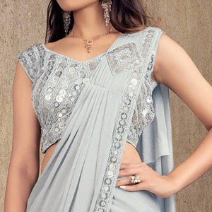 Grey Sequins Embroidered Stitched Art Silk Ready to Wear Saree