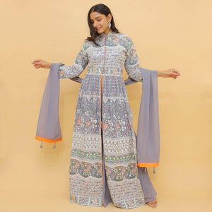 Grey Sequins Floral Embroidered Georgette Partywear Suit