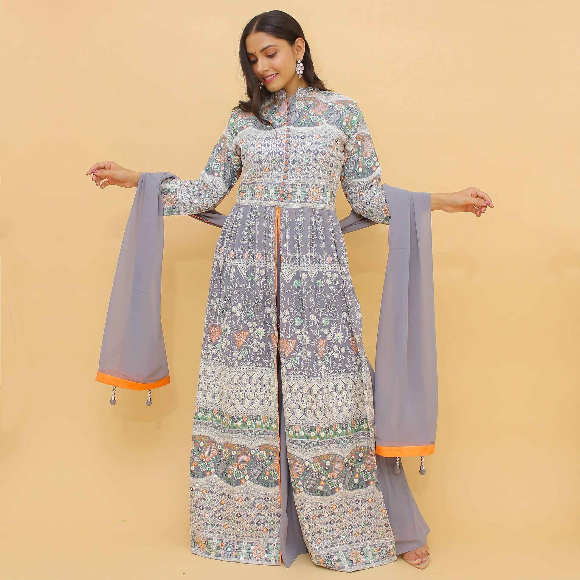 Grey Sequins Floral Embroidered Georgette Partywear Suit