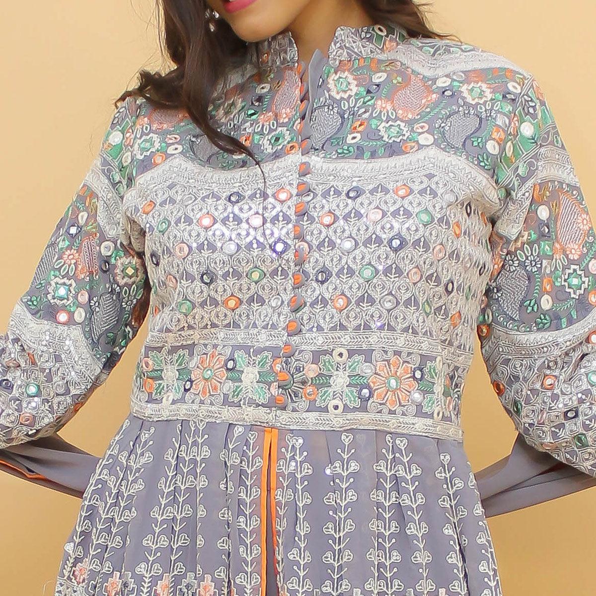 Grey Sequins Floral Embroidered Georgette Partywear Suit