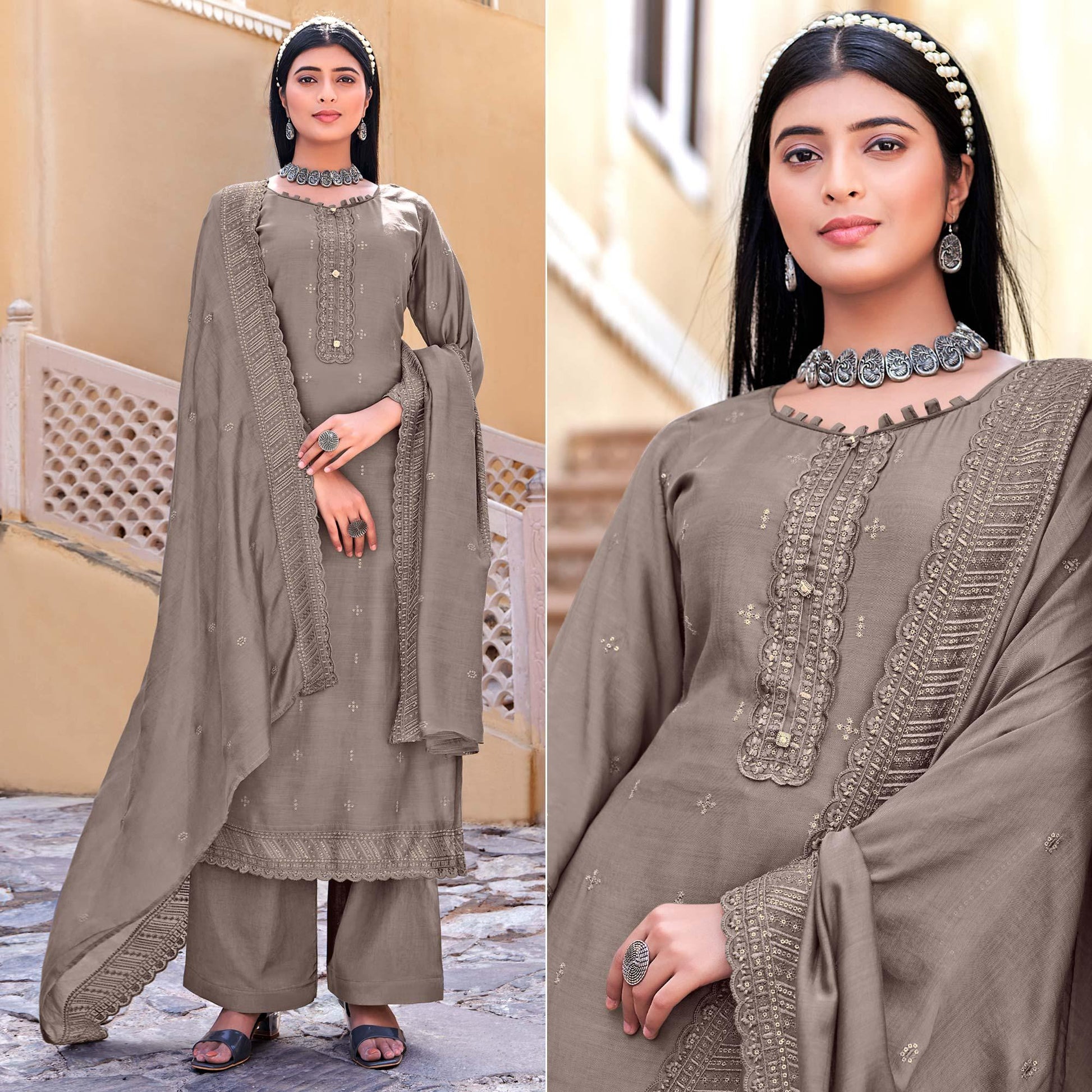 Grey Sequins Floral Embroidered Muslin Suit