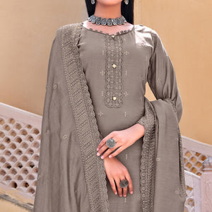 Grey Sequins Floral Embroidered Muslin Suit