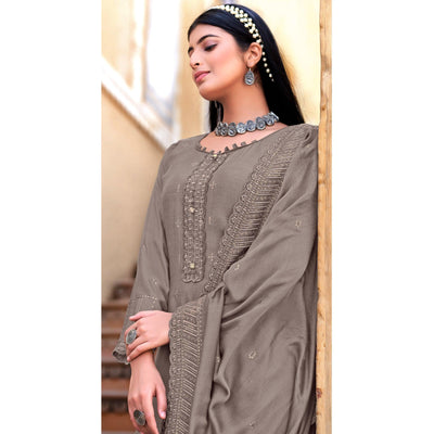 Grey Sequins Floral Embroidered Muslin Suit