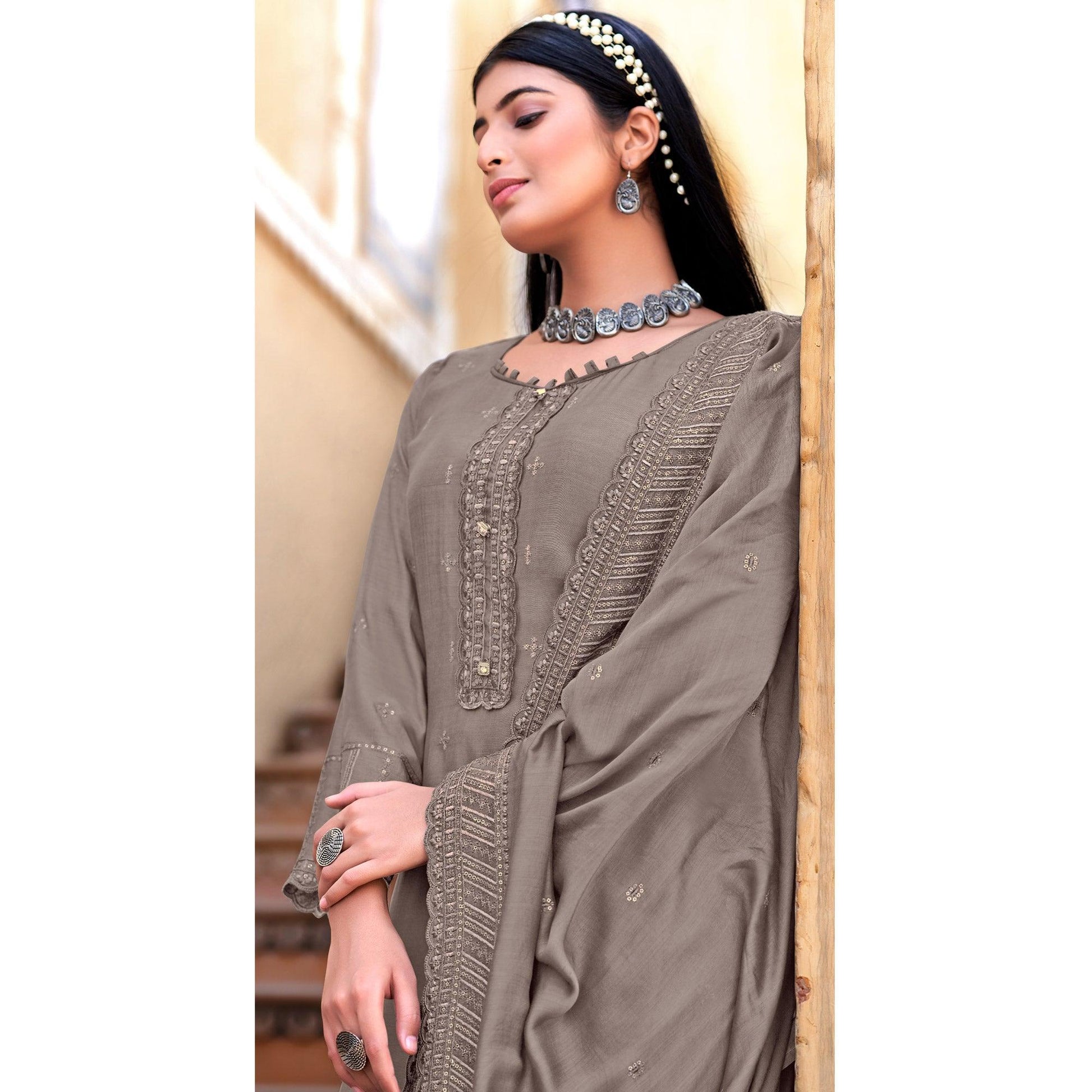 Grey Sequins Floral Embroidered Muslin Suit