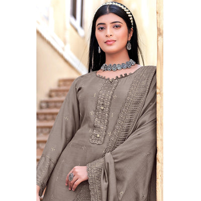 Grey Sequins Floral Embroidered Muslin Suit