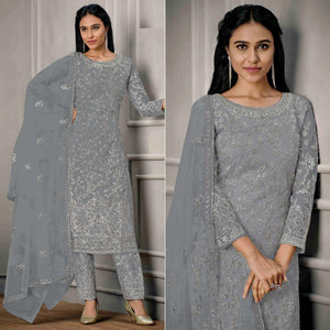 Grey Sequins Floral Embroidered Net Salwar Suit