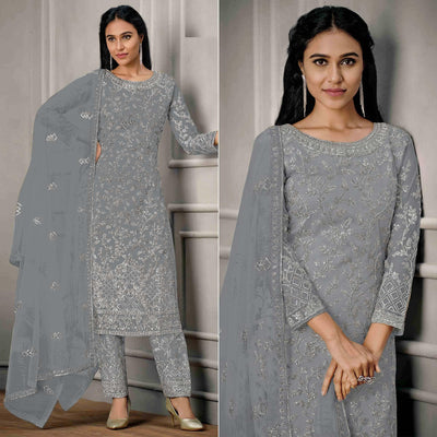 Grey Sequins Floral Embroidered Net Salwar Suit