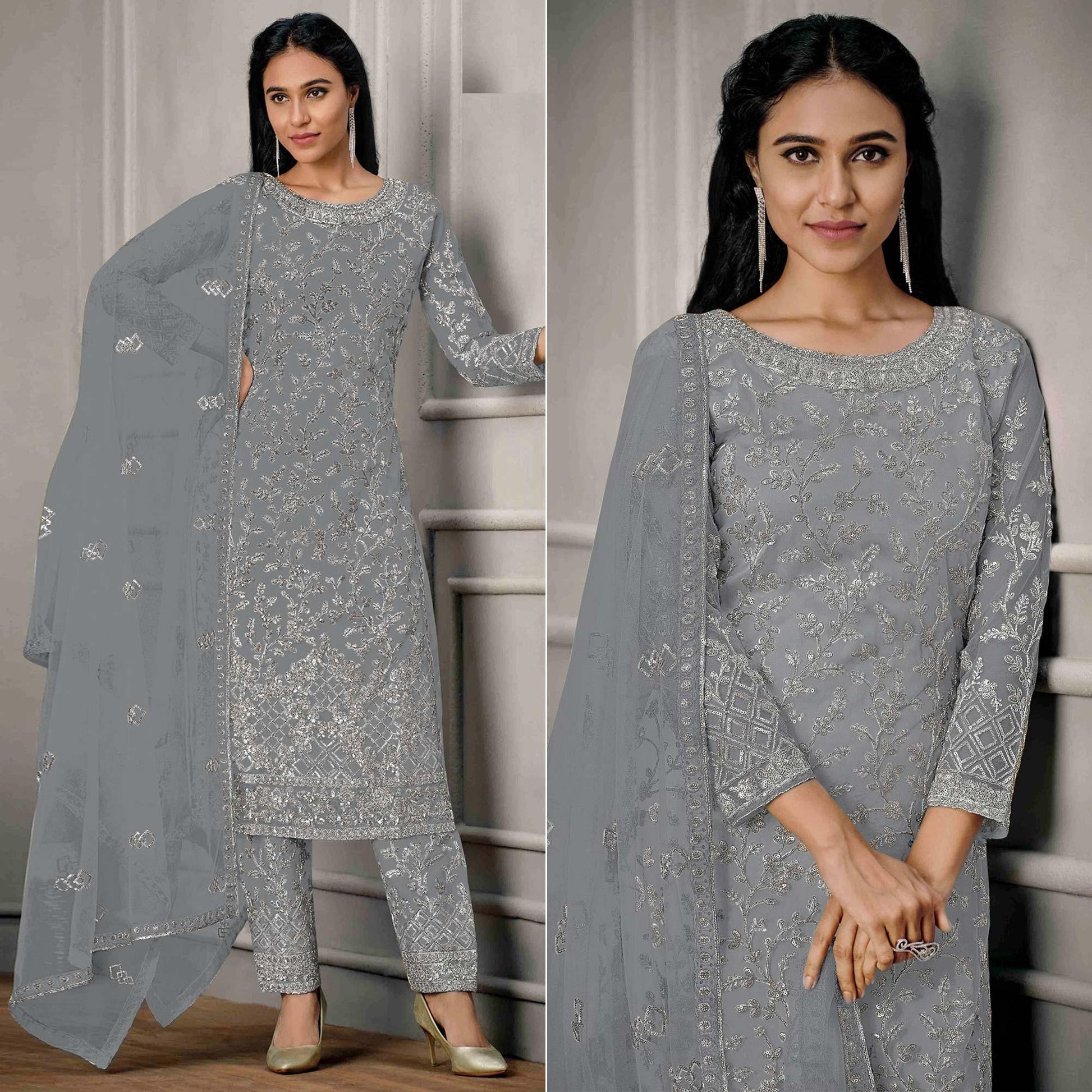 Grey Sequins Floral Embroidered Net Salwar Suit