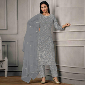 Grey Sequins Floral Embroidered Net Salwar Suit