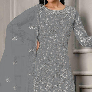 Grey Sequins Floral Embroidered Net Salwar Suit