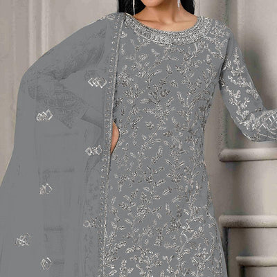 Grey Sequins Floral Embroidered Net Salwar Suit