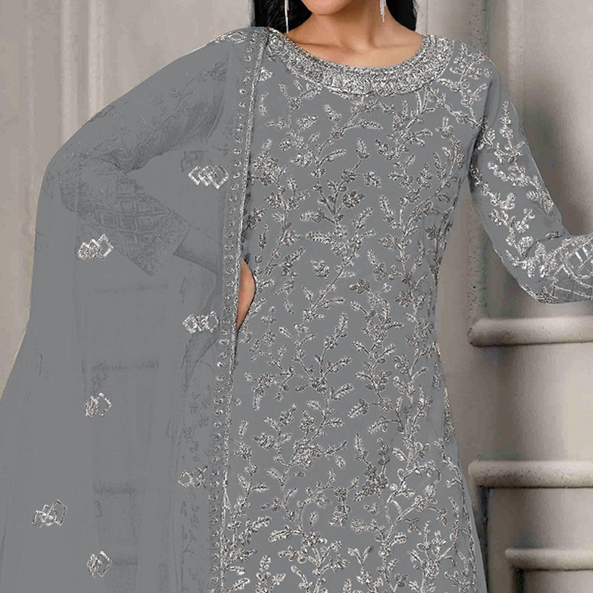 Grey Sequins Floral Embroidered Net Salwar Suit