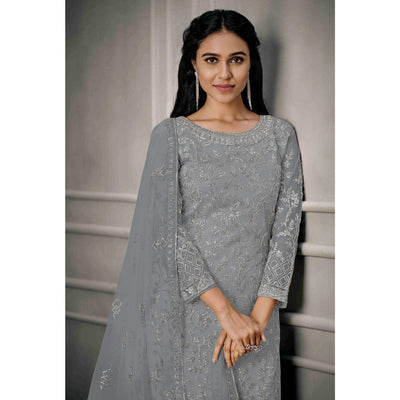 Grey Sequins Floral Embroidered Net Salwar Suit