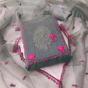 Grey Sequins Floral Embroidered Organza Dress Material