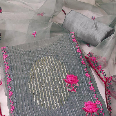 Grey Sequins Floral Embroidered Organza Dress Material