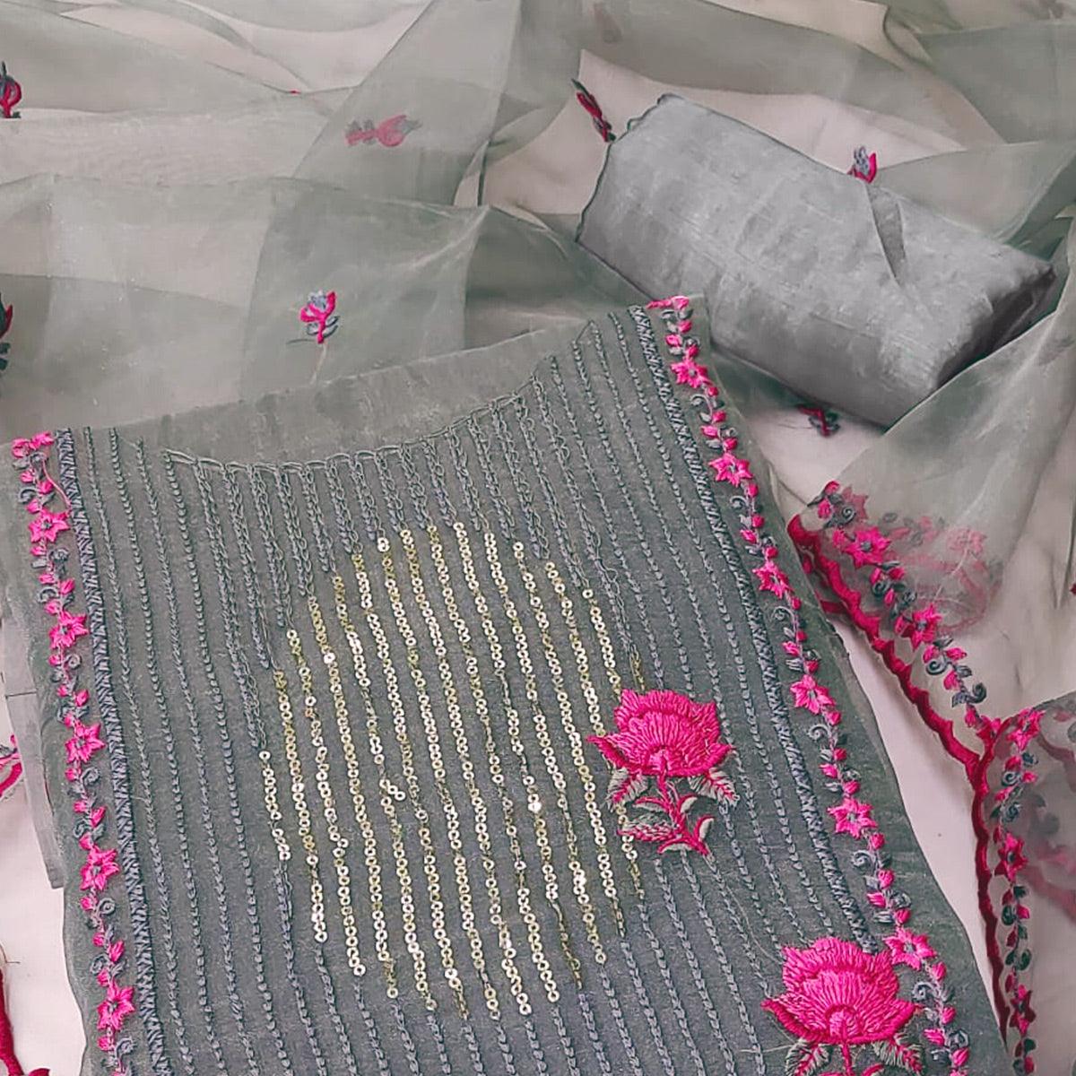 Grey Sequins Floral Embroidered Organza Dress Material