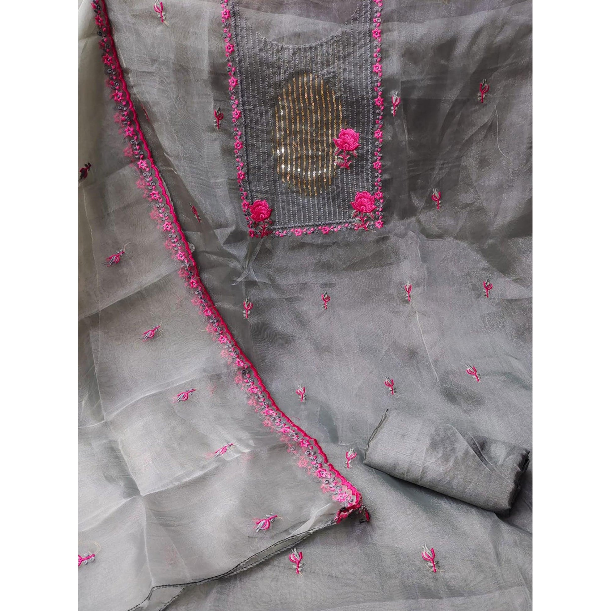 Grey Sequins Floral Embroidered Organza Dress Material