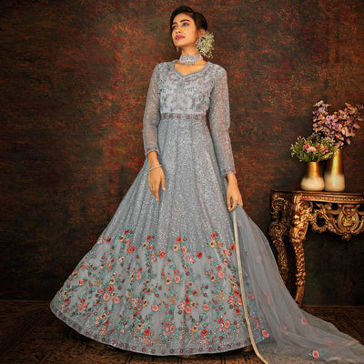 Grey Sequins Floral Enbroidered Net Partywear Gown