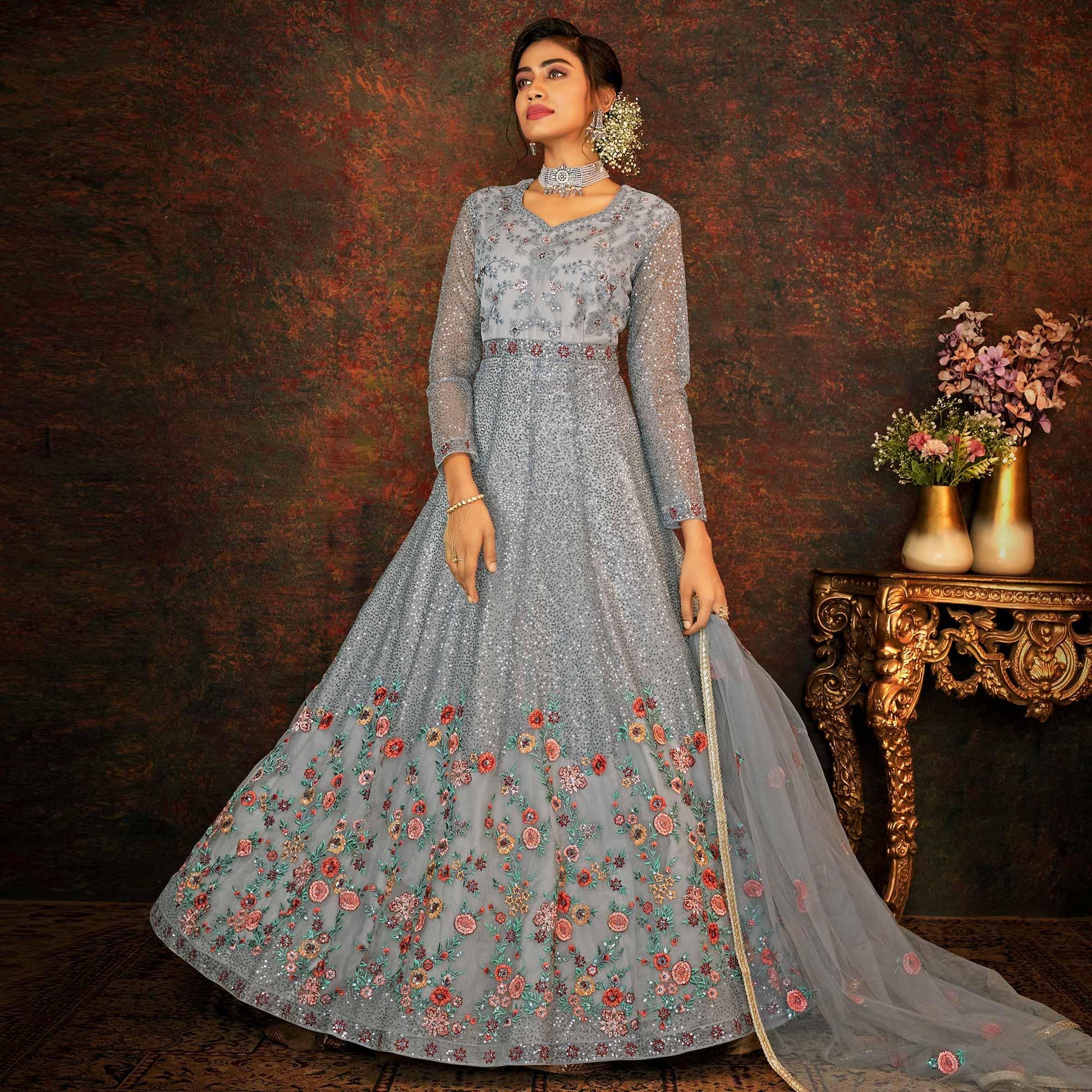 Grey Sequins Floral Enbroidered Net Partywear Gown