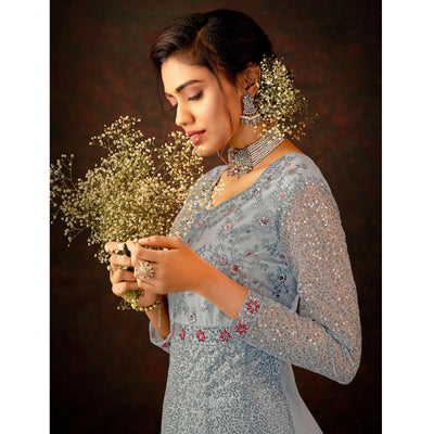 Grey Sequins Floral Enbroidered Net Partywear Gown