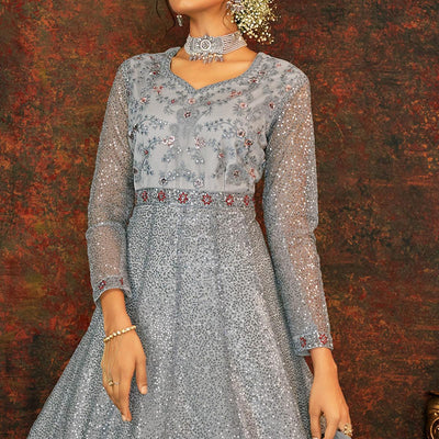 Grey Sequins Floral Enbroidered Net Partywear Gown