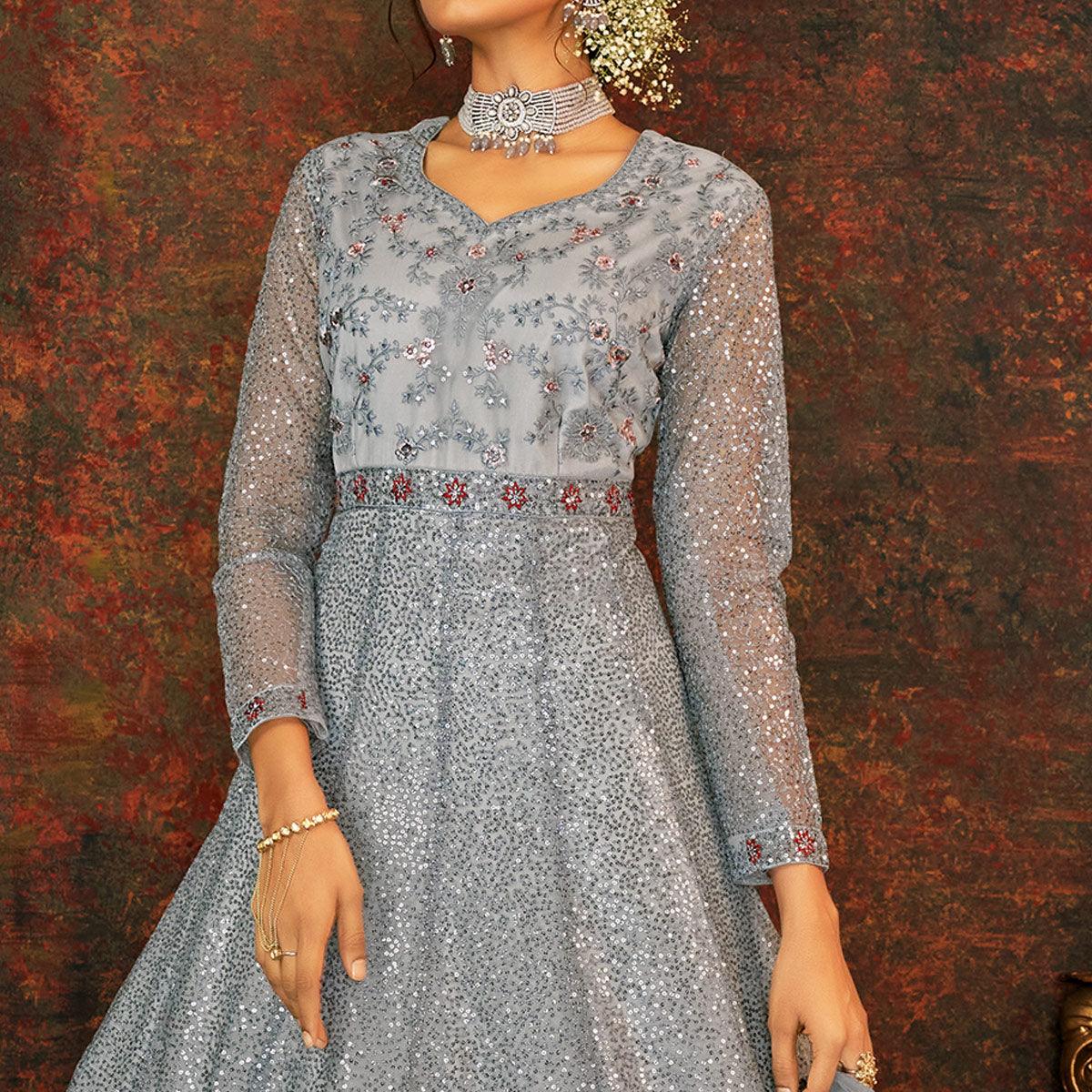 Grey Sequins Floral Enbroidered Net Partywear Gown