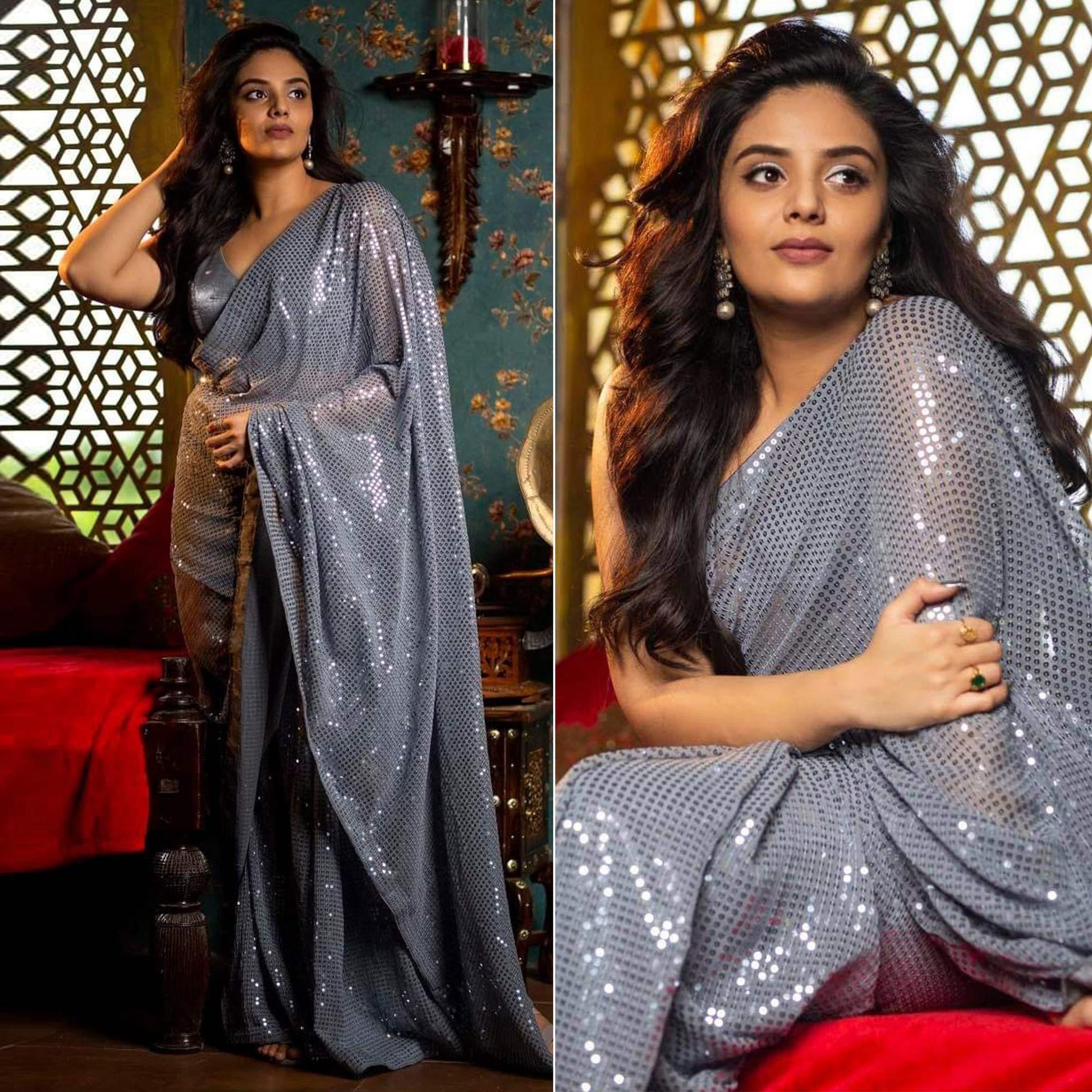 Grey Sequins Work Georgette Saree