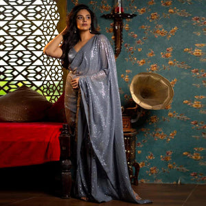 Grey Sequins Work Georgette Saree