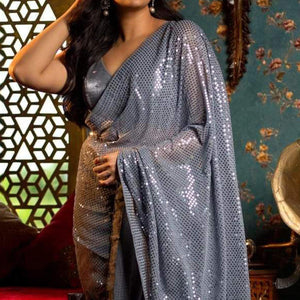 Grey Sequins Work Georgette Saree