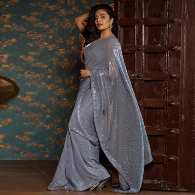 Grey Sequins Work Georgette Saree