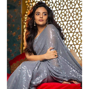 Grey Sequins Work Georgette Saree
