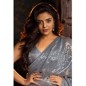 Grey Sequins Work Georgette Saree