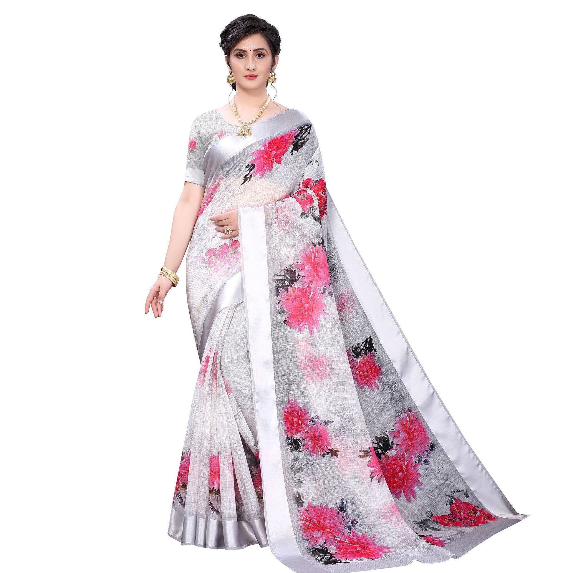 Grey-Silver Casual Wear Floral Digital Printed Linen Slub saree