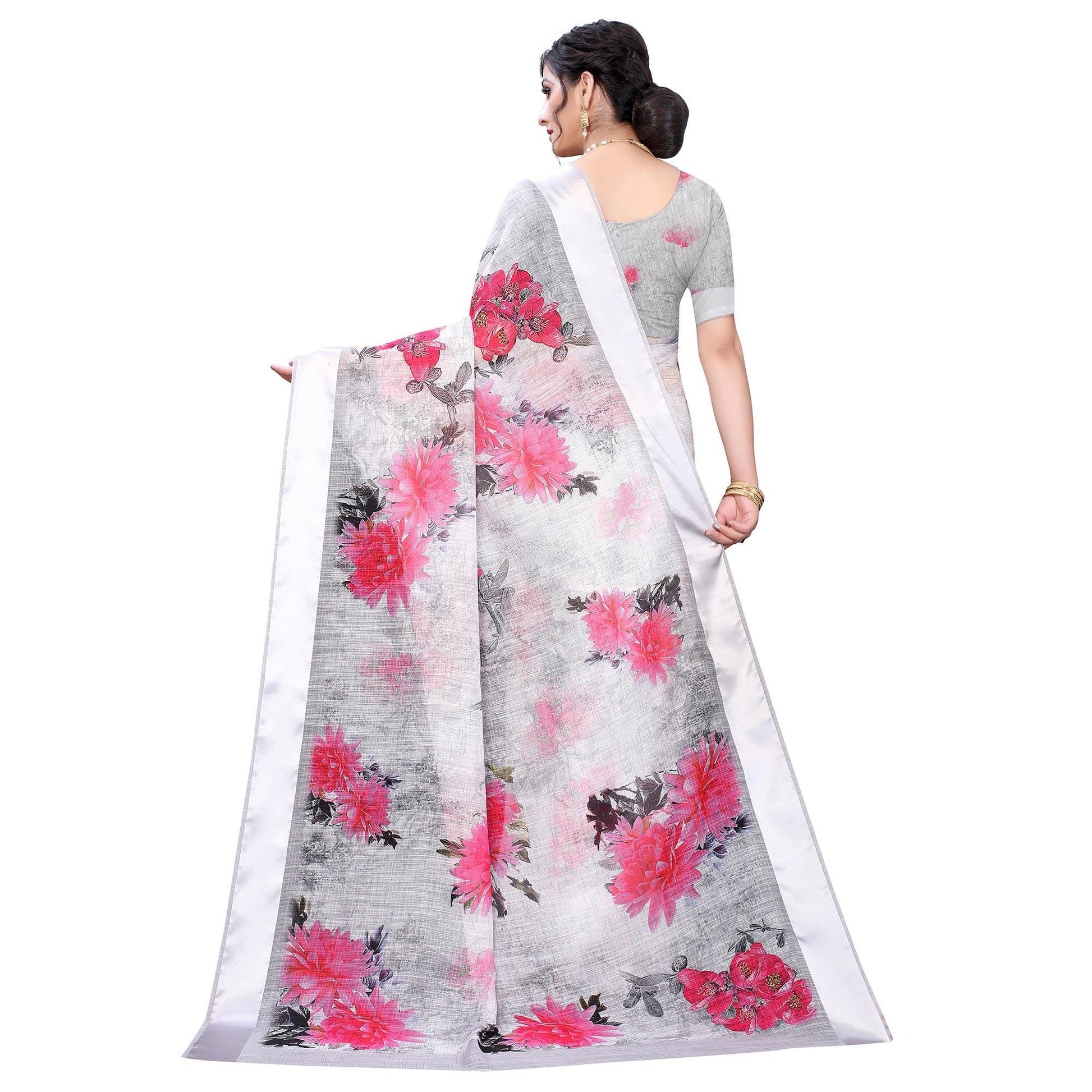Grey-Silver Casual Wear Floral Digital Printed Linen Slub saree