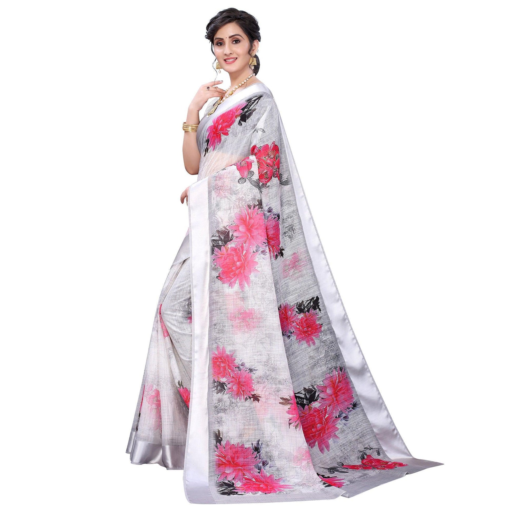 Grey-Silver Casual Wear Floral Digital Printed Linen Slub saree