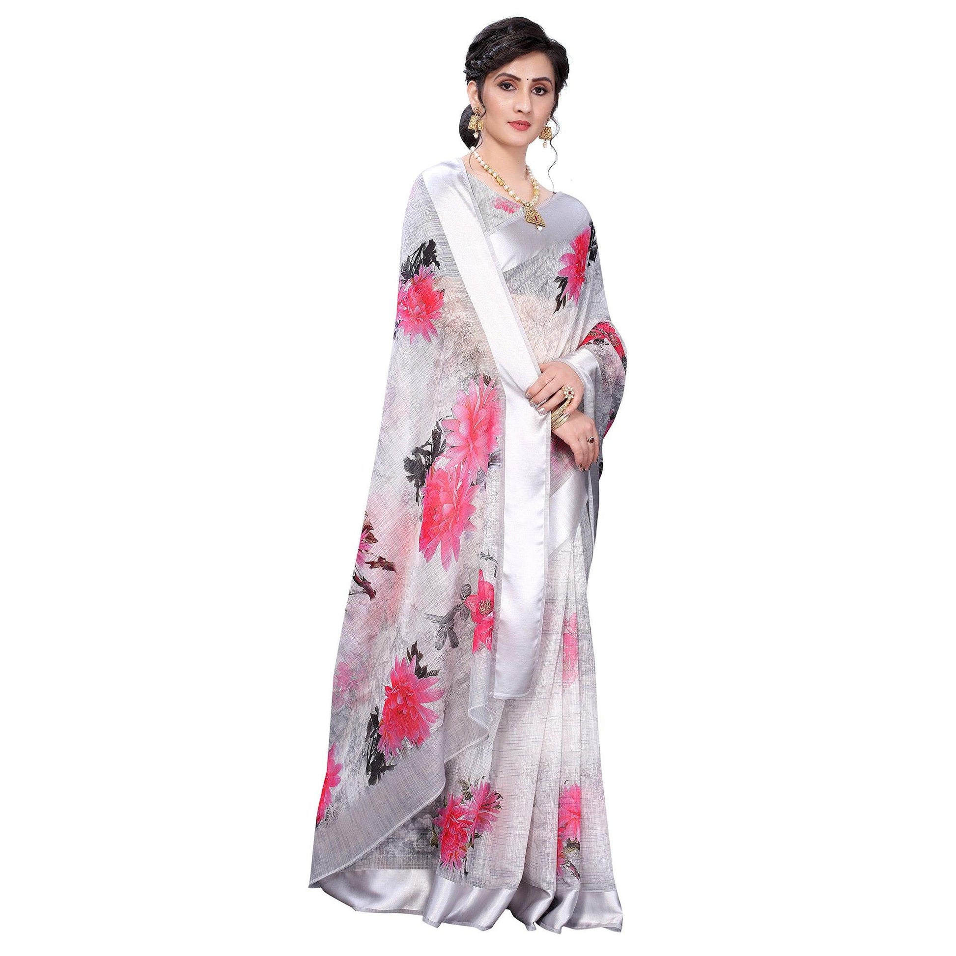 Grey-Silver Casual Wear Floral Digital Printed Linen Slub saree