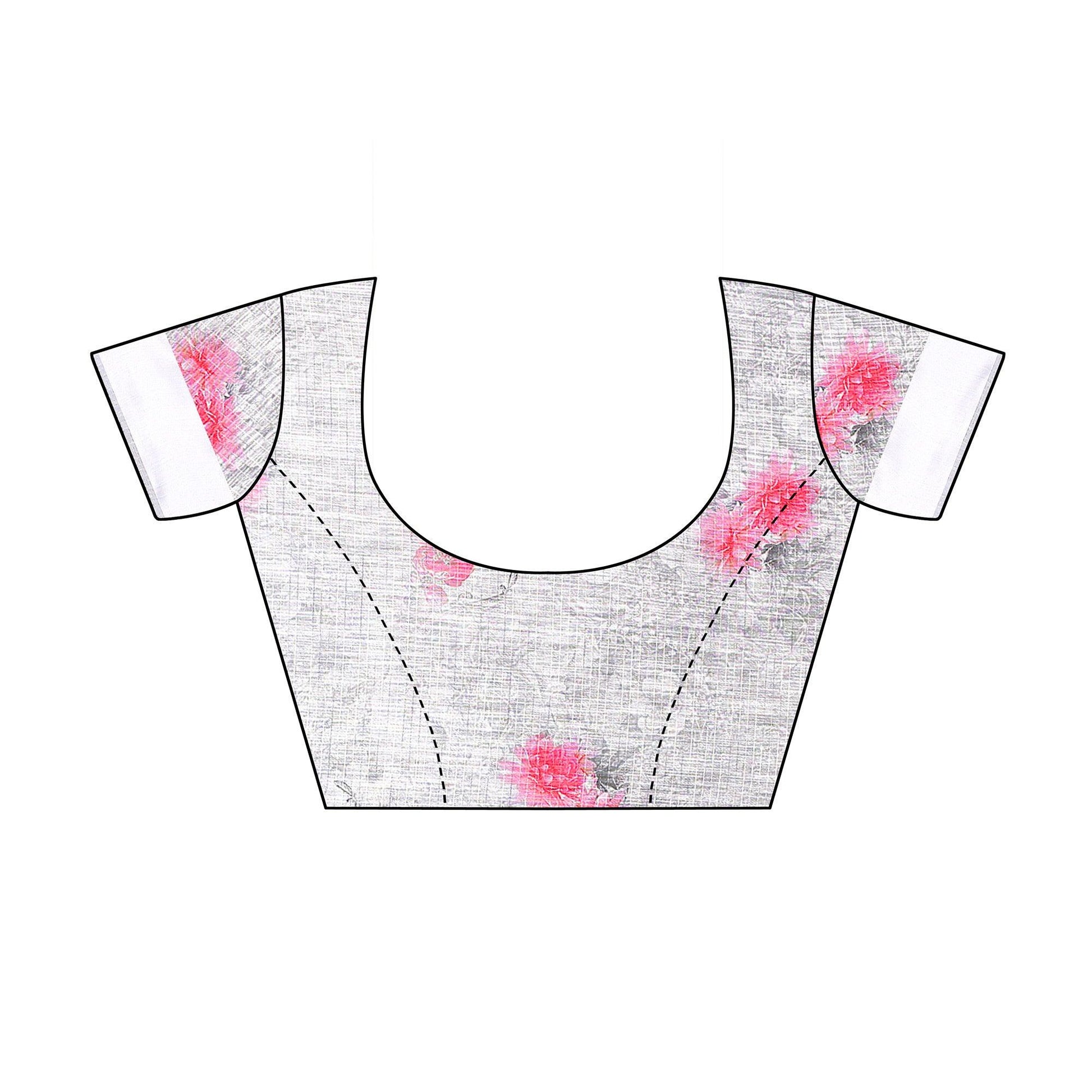 Grey-Silver Casual Wear Floral Digital Printed Linen Slub saree