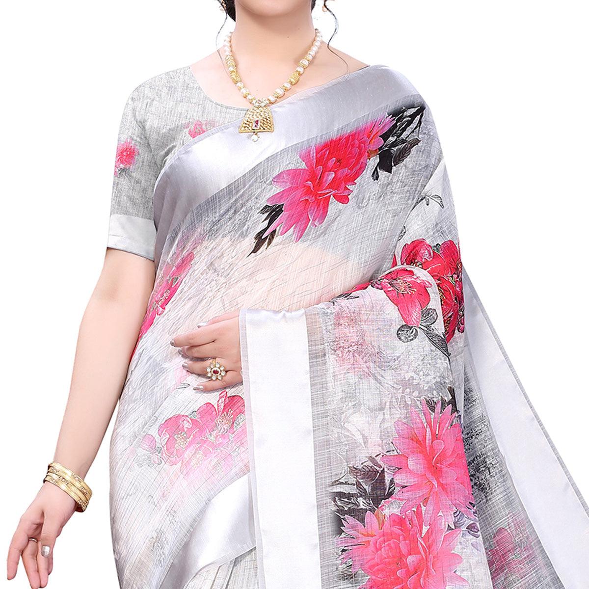 Grey-Silver Casual Wear Floral Digital Printed Linen Slub saree