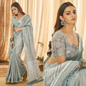 Grey Solid Linen Saree