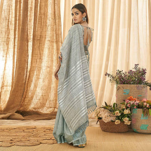 Grey Solid Linen Saree