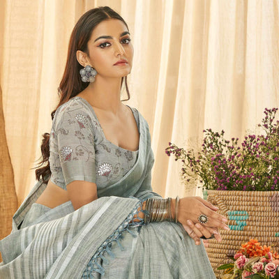 Grey Solid Linen Saree