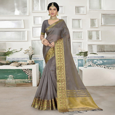 Grey Solid Organza Saree