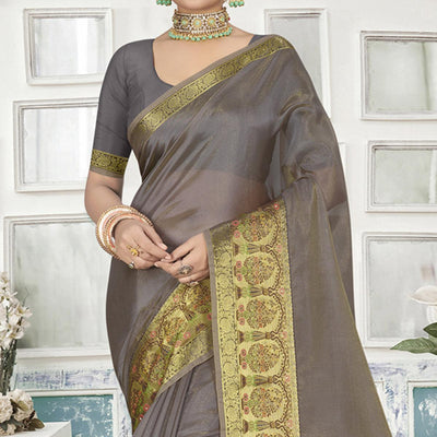 Grey Solid Organza Saree
