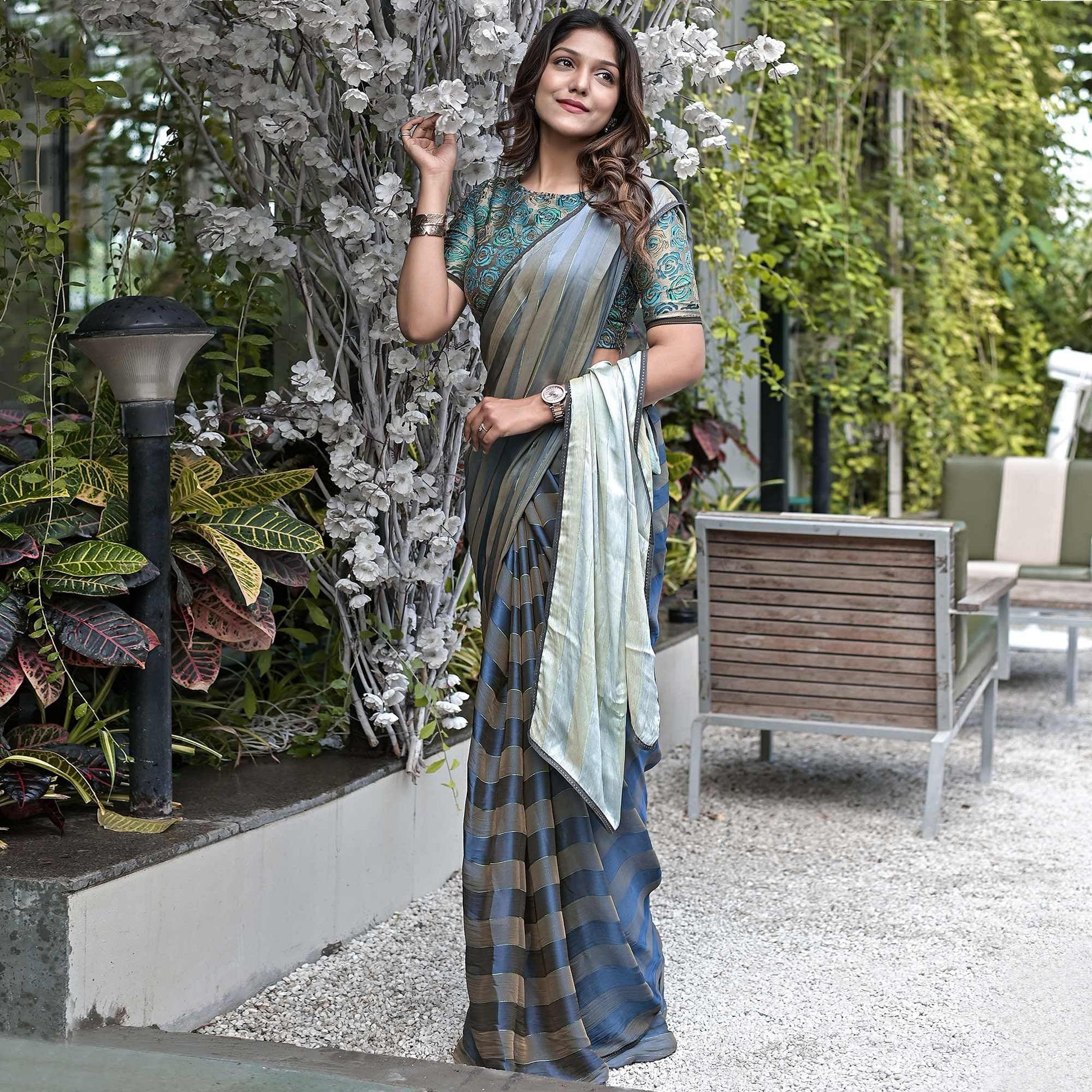 Grey Stripe Printed Satin Saree