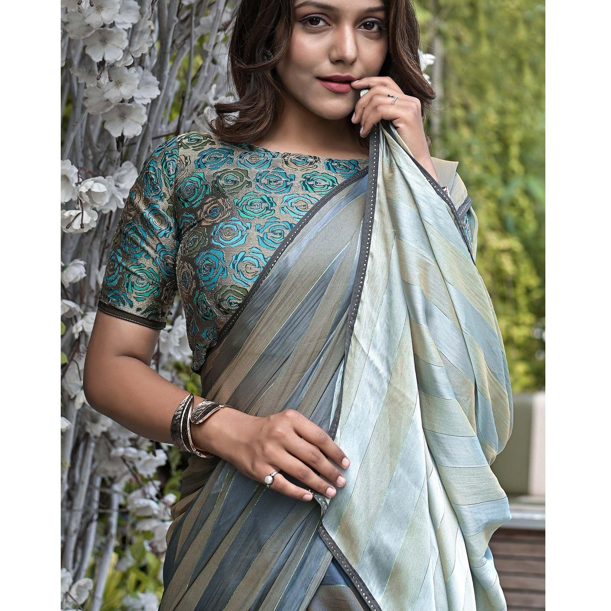 Grey Stripe Printed Satin Saree