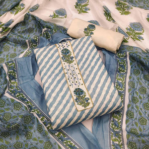Grey Stripe Printed With Embellished Cotton Dress Material